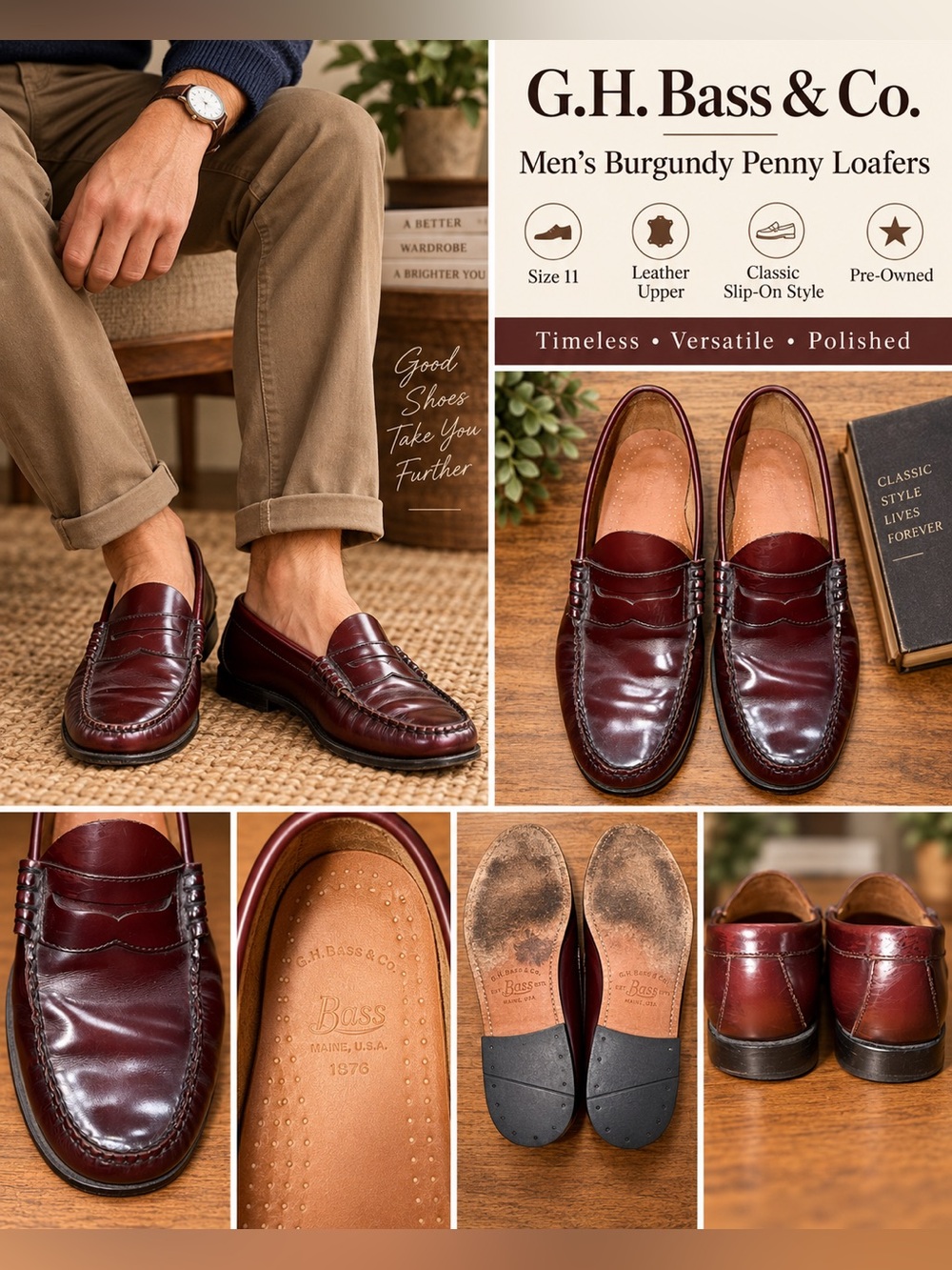 G.H. Bass & Co. Men’s Burgundy Leather Penny Loafers Size 11